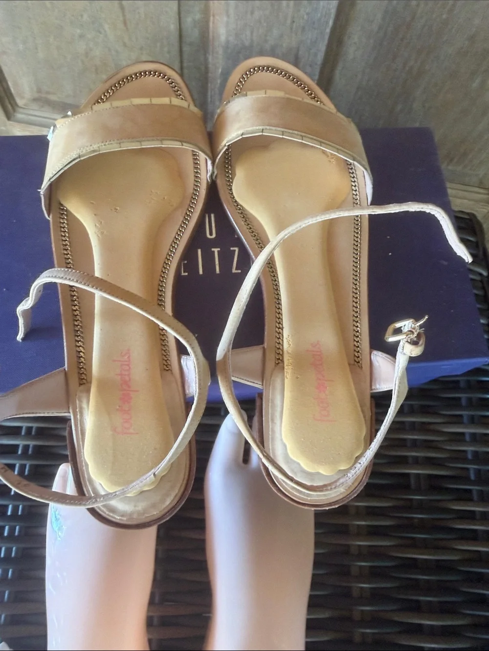 Stuart Weitzman Tan Suede Ankle-Strap Sandals with Gold Trim